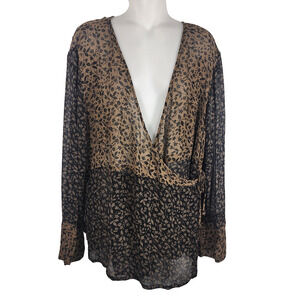 J.Jill Top Large Faux Wrap Tie Side Floral Crepe Sheer Colorblock Boho Brown Vtg